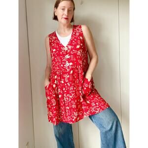 Vintage 90s Jenny Helene Red Sundress Size M Celestial Zodiac Print Babydoll